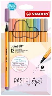 Tűfilc készlet, 0,4 mm, STABILO "Point 88 Pastellove", 12 különböző szín